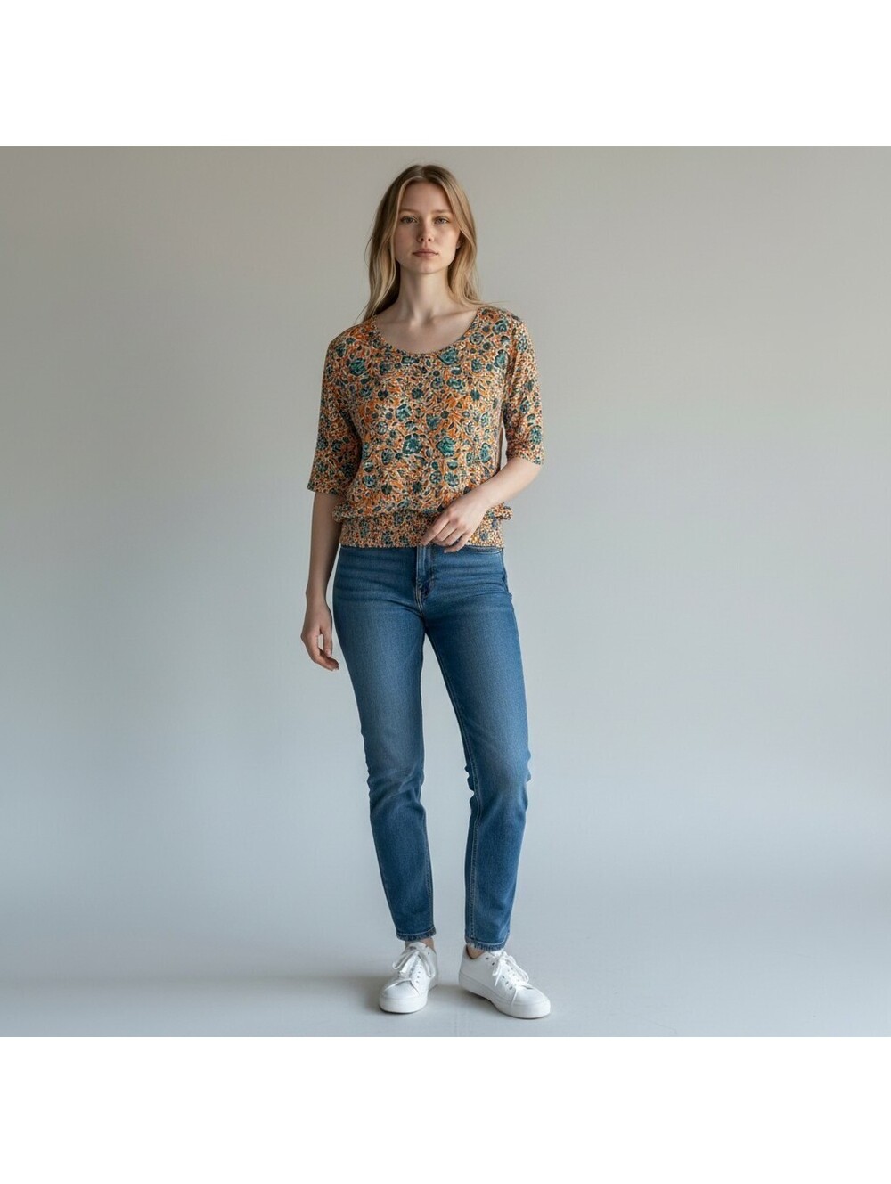 Fat Face Blouse Women 16 Orange Floral Short Sleeve Elastic Waist Casual Stretch